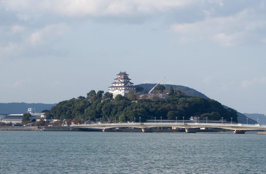 唐津城の天守を松浦川越しに望む