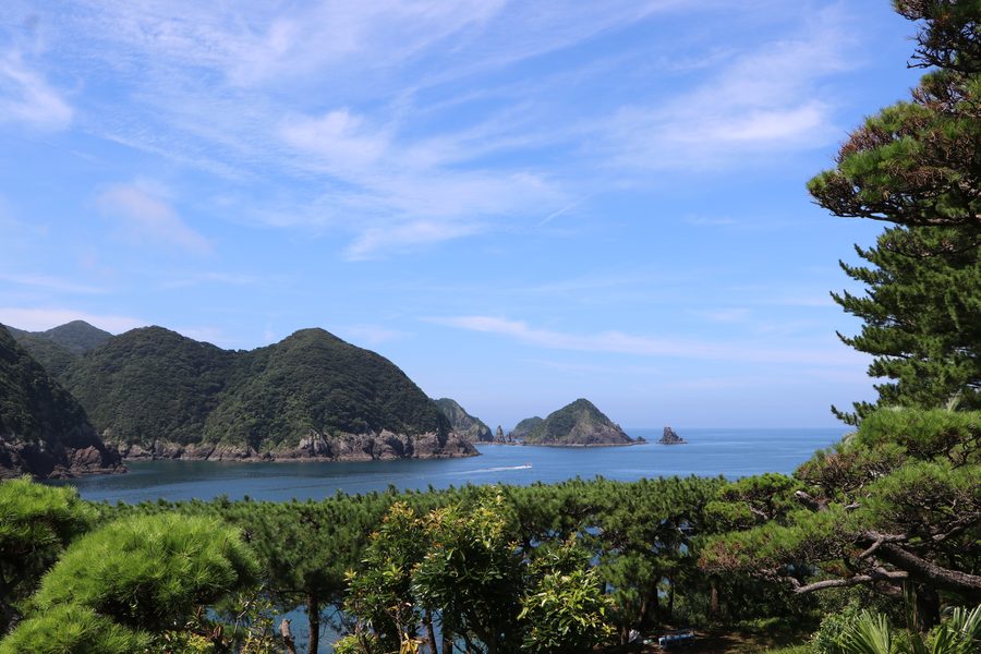 輝津館展望所から望む坊津のリアス式海岸と双剣石