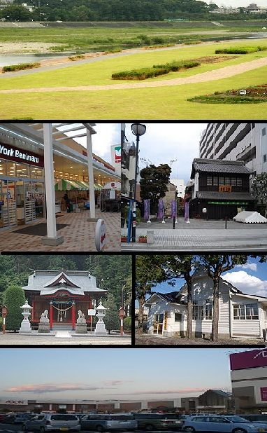 小山市の都市風景・思川・市役所などのモンタージュ