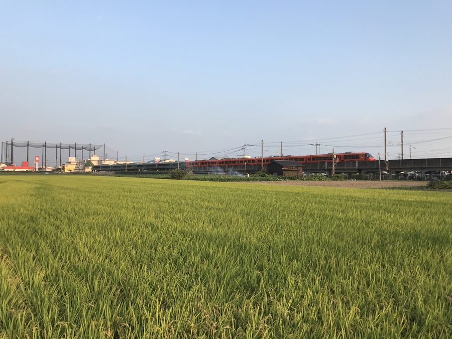 吉野ヶ里歴史公園近くの水田とJR長崎本線